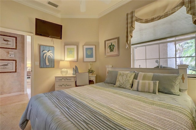 carpeted bedroom featuring ornamental molding