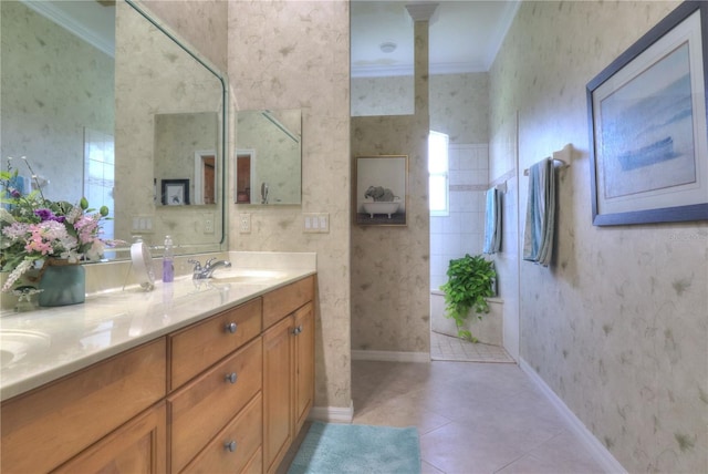 bathroom with vanity, crown molding, walk in shower, and tile patterned flooring