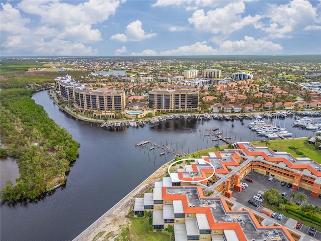 bird's eye view with a water view