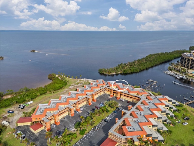 bird's eye view with a water view