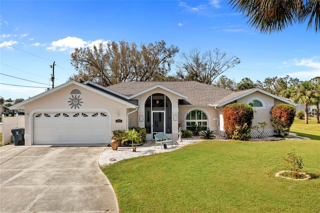 ranch-style home featuring a garage and a front yard