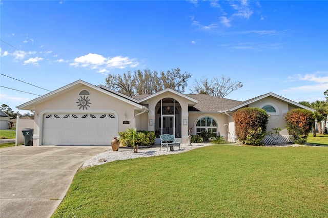 ranch-style home featuring a garage and a front yard