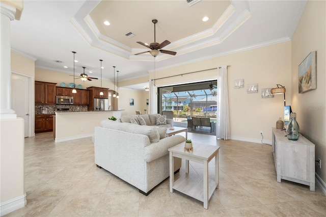 2736 Magdalina Dr, Punta Gorda, FL 33950 - living room featuring a ceiling fan, ornamental molding, and light tile patterned floors