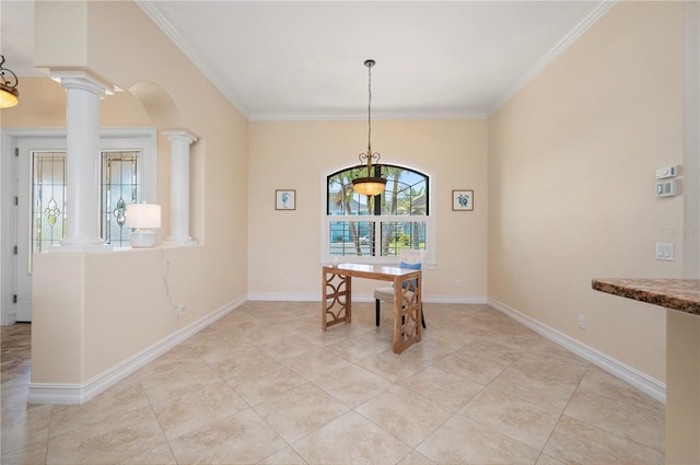 2736 Magdalina Dr, Punta Gorda, FL 33950 - dining space featuring light tile patterned floors, baseboards, ornamental molding, and ornate columns
