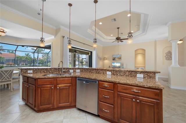 2736 Magdalina Dr, Punta Gorda, FL 33950 - kitchen with a ceiling fan, visible vents, stainless steel dishwasher, a sink, and light tile patterned flooring