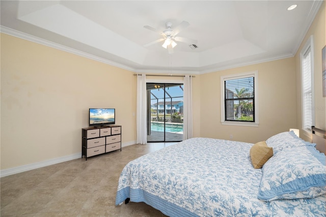 2736 Magdalina Dr, Punta Gorda, FL 33950 - bedroom featuring ceiling fan, visible vents, access to exterior, a raised ceiling, and ornamental molding