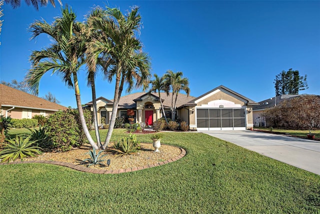 single story home featuring a front yard and a garage