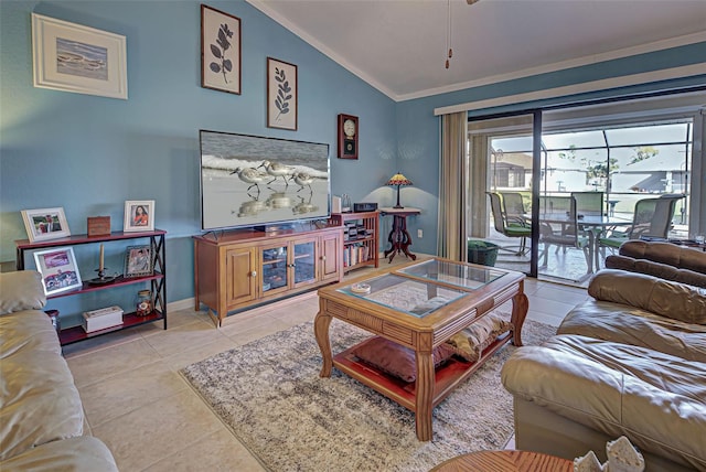 tiled living room featuring ornamental molding and vaulted ceiling