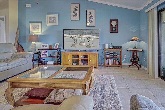 tiled living room with crown molding and lofted ceiling