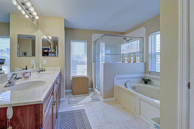 bathroom with vanity, separate shower and tub, and tile patterned flooring