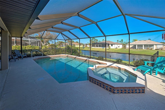 view of swimming pool featuring a patio, an in ground hot tub, a water view, and a lanai