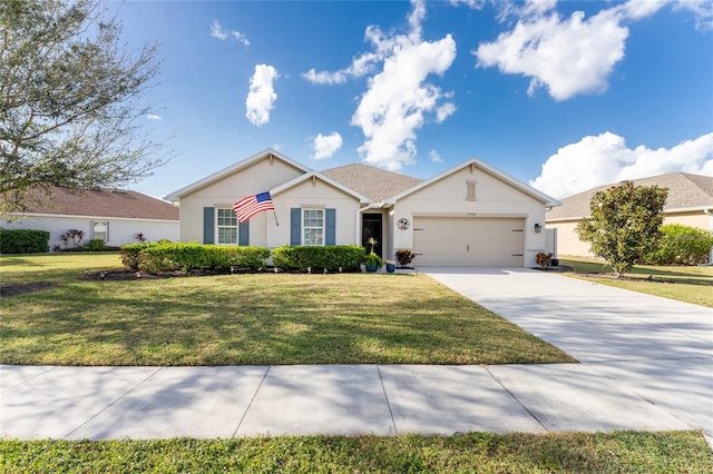 single story home with a front yard and a garage