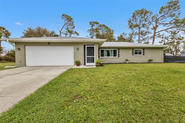 single story home with a garage and a front yard