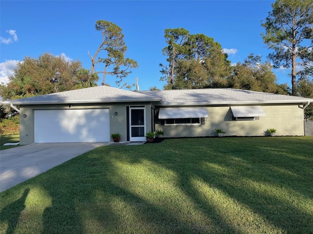 ranch-style house with a garage and a front yard