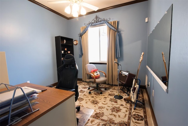 office featuring ornamental molding and ceiling fan