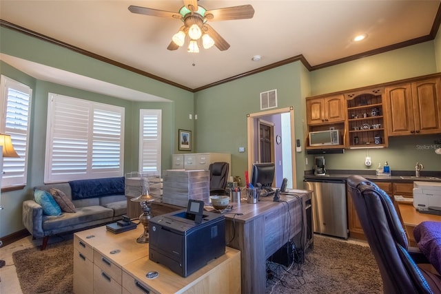 interior space featuring crown molding, sink, and ceiling fan