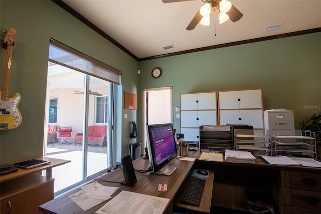 office featuring crown molding, wood-type flooring, and ceiling fan