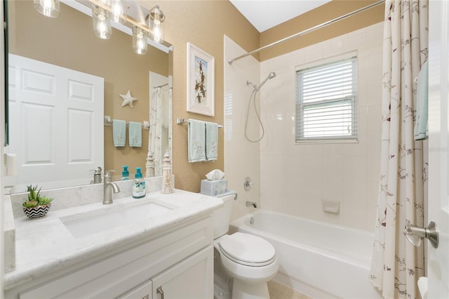 full bathroom with vanity, toilet, and shower / bathtub combination with curtain