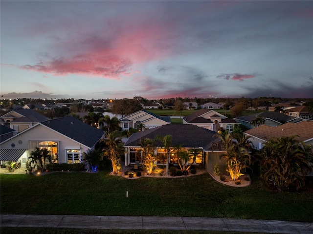 view of aerial view at dusk