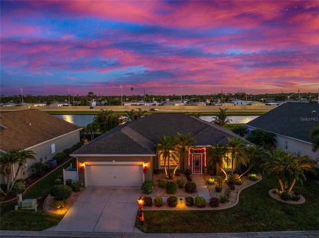 view of front of home featuring a garage and a water view