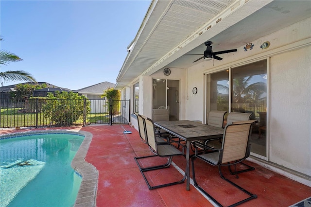 view of pool with a patio and ceiling fan