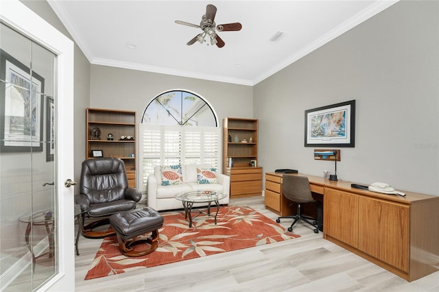 home office with ceiling fan, french doors, ornamental molding, and light hardwood / wood-style flooring