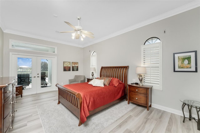 bedroom with access to outside, french doors, ornamental molding, light wood-type flooring, and ceiling fan