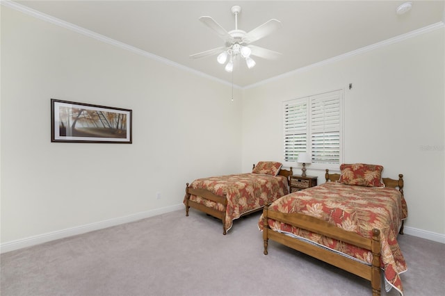 bedroom with light colored carpet, ceiling fan, and crown molding