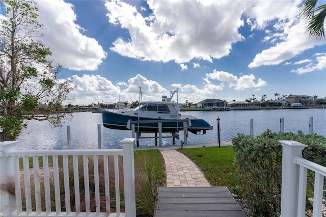 view of dock with a water view