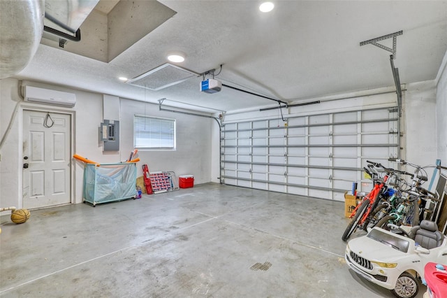 garage featuring a wall mounted air conditioner, electric panel, and a garage door opener