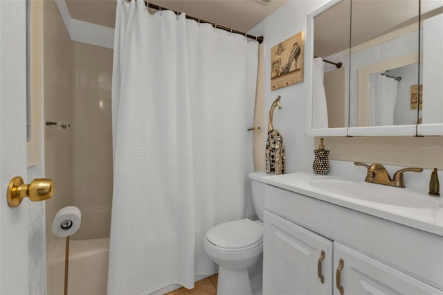 full bathroom featuring vanity, toilet, shower / bathtub combination with curtain, and tile patterned flooring