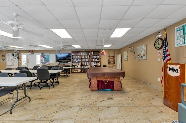 recreation room featuring pool table and a paneled ceiling