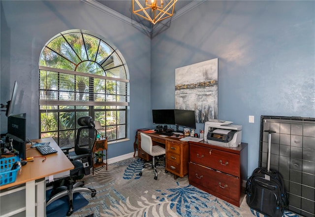 carpeted home office with crown molding, a chandelier, and plenty of natural light