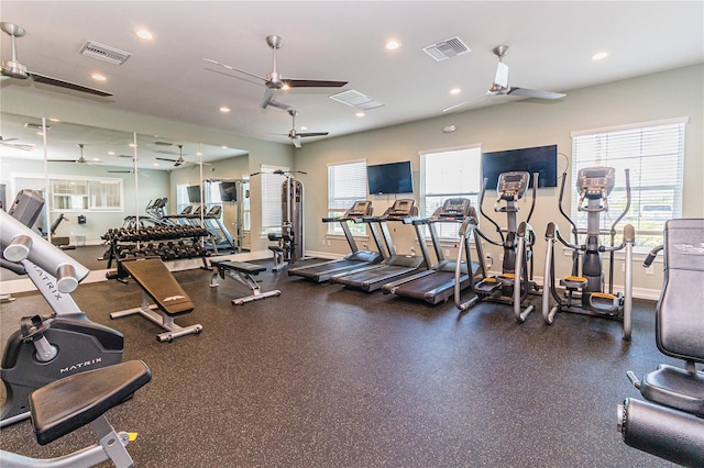 gym featuring ceiling fan