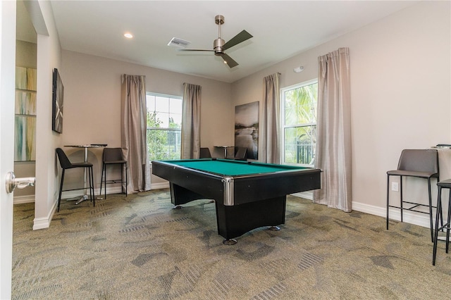 game room featuring pool table, a wealth of natural light, carpet floors, and ceiling fan