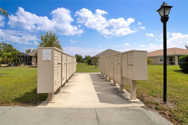 view of community with a mail area and a lawn