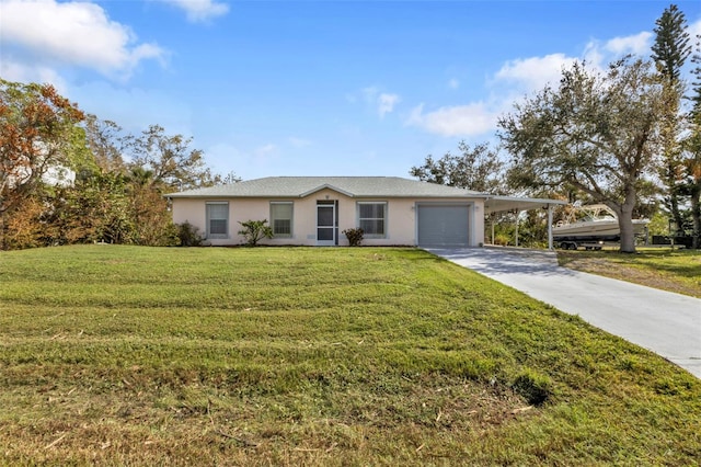 ranch-style home with a garage, a front lawn, and a carport