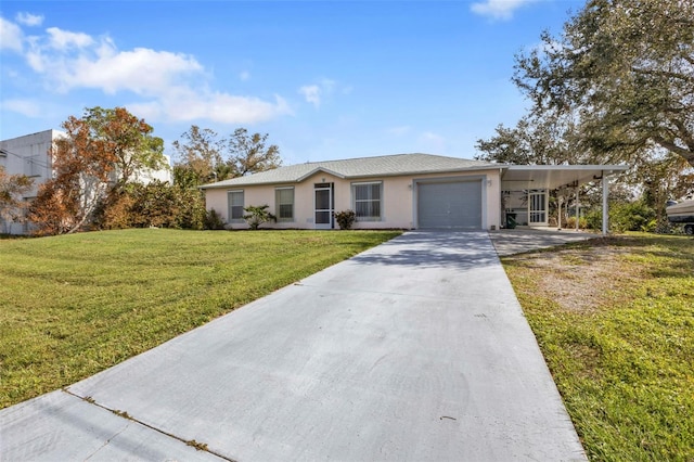 single story home with a front yard, a garage, and a carport