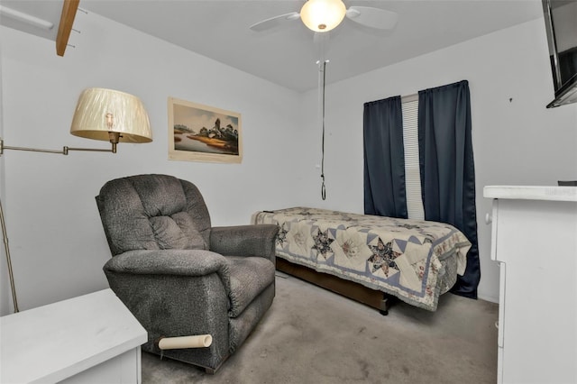 bedroom with ceiling fan and light colored carpet