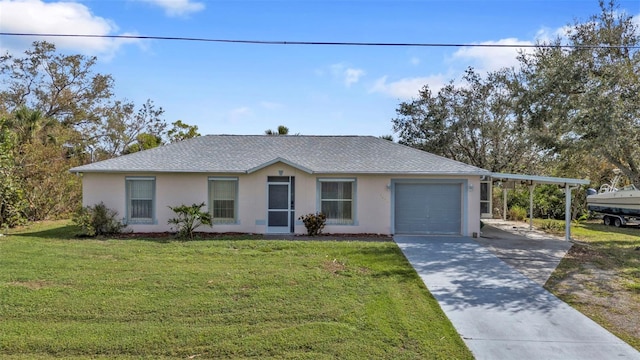 single story home with a garage, a front lawn, and a carport