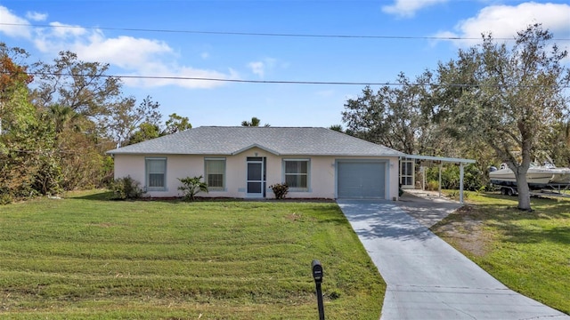 ranch-style home featuring a front yard, a garage, and a carport