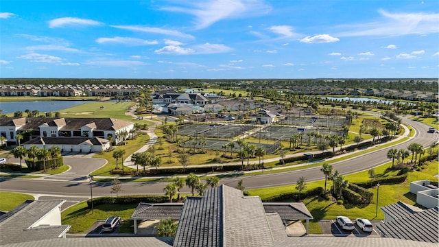 drone / aerial view featuring a water view