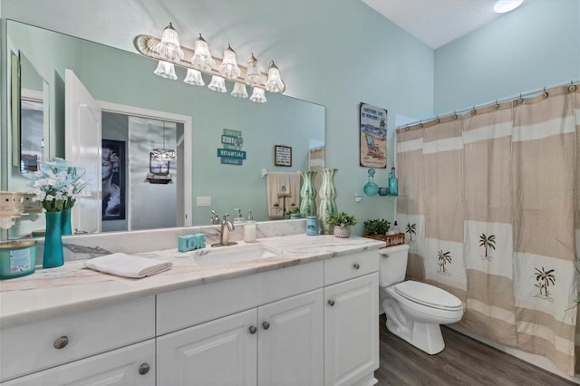 bathroom with toilet, vanity, hardwood / wood-style flooring, and walk in shower