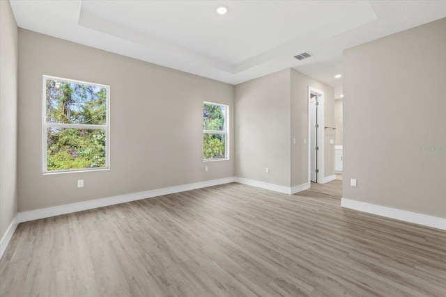 unfurnished room with a raised ceiling, light hardwood / wood-style flooring, and a healthy amount of sunlight