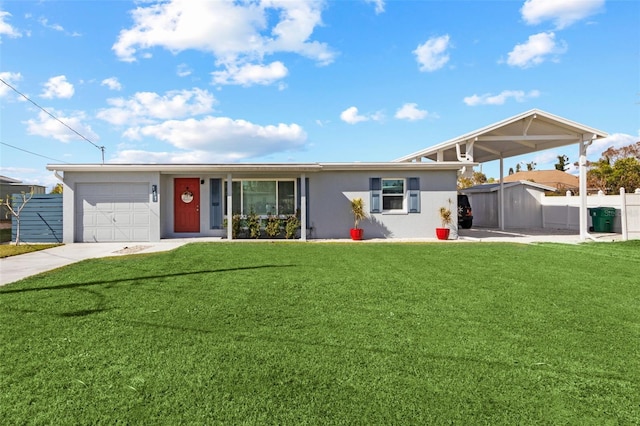 ranch-style home with a garage and a front yard