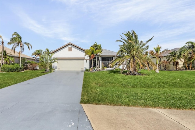 ranch-style house with a front yard and a garage