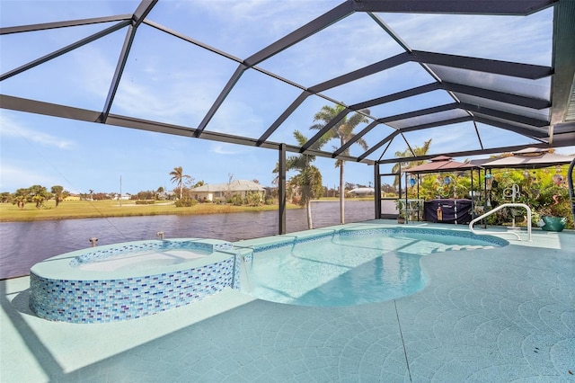 view of pool with a patio, an in ground hot tub, a water view, and a lanai