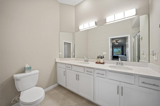 bathroom featuring tile patterned floors, toilet, ceiling fan, vanity, and walk in shower