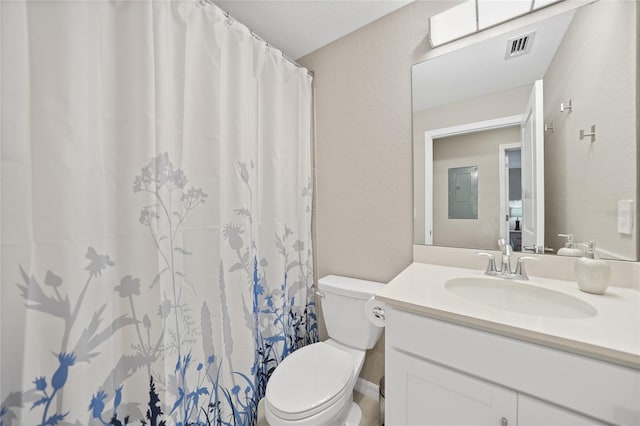 14271 Heritage Landing Blvd Unit 1526, Punta Gorda, FL 33955 - bathroom featuring electric panel, visible vents, vanity, toilet, and a textured wall