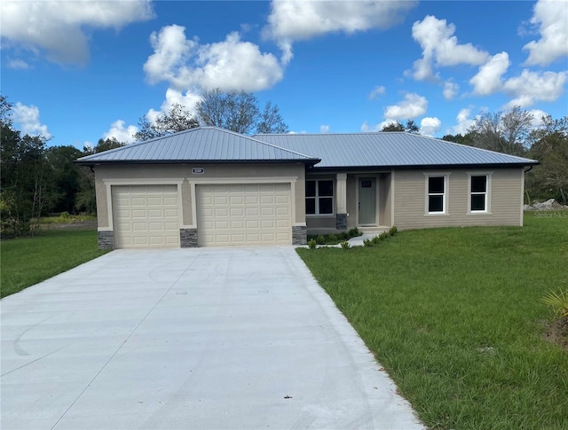 single story home with a front yard and a garage